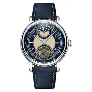 TEVISE Mens Fashion Automatic Skeleton Watch Moon Phase Luminous Hands Business Gift Alloy Case Leather Strap No Battery Required