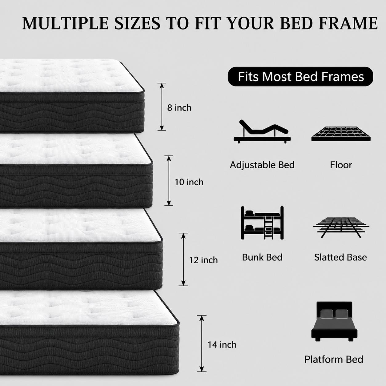 【LODEIJA】8/10/12/14 Inch Twin,Full,Queen,King Mattress Memory Foam And Spring,Hybrid Mattress Medium Firmness,Lumbar Support