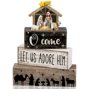 4 Pcs Christmas Table Decor Wooden Christian Religious Decoration Nativity Scene Centerpiece Nativity of Jesus Tiered Tray Decor Farmhouse Xmas Decoration for Kitchen