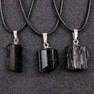 Natural Black Tourmaline Rough Pendant Necklace Irregular Black Tourmaline Cylinder Rough Stone Personality Necklace Jewelry