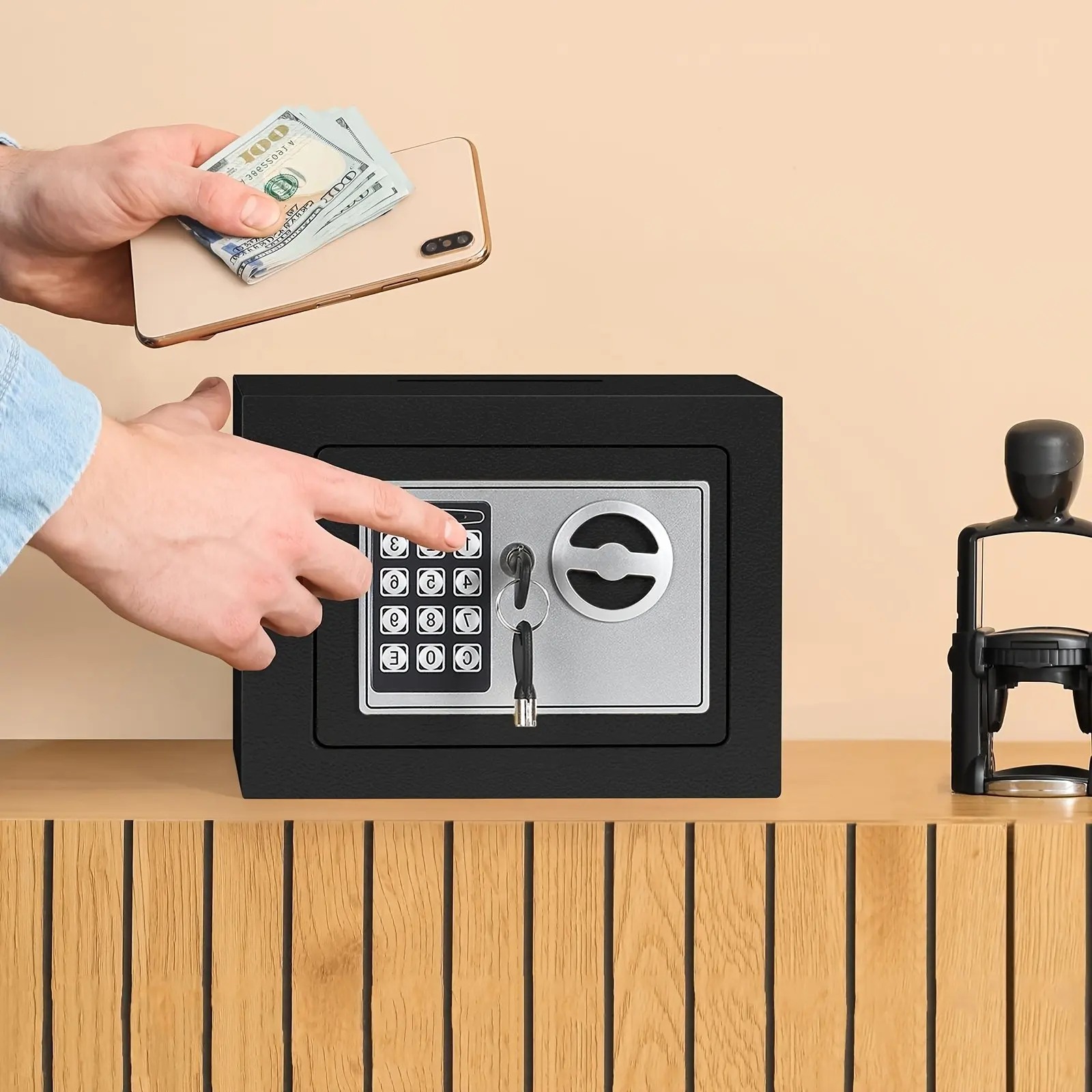 Reinforce The Alloy Steel Safe with Complete Felt Interior, Contemporary Digital Safe Offering 0.24 Cubic Feet of Space for Ashes, Jewelry, Identification Documents, And Other Valuables, Featuring an Electronic Keypad And Keys for Security