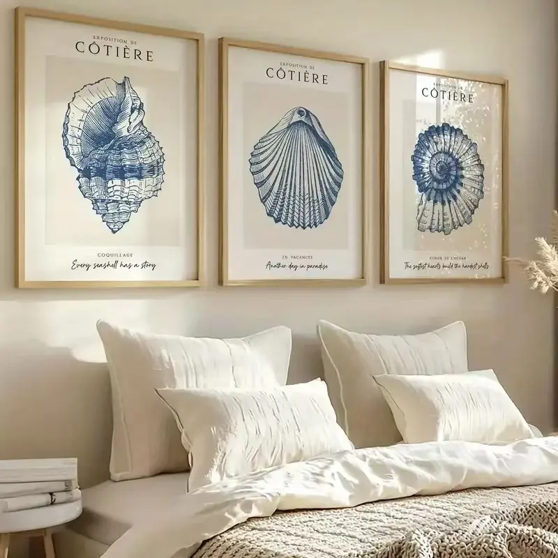 3pcs Retro Wall Poster Blue Ocean Theme Art Canvas Prints Cute Shell Living Room Home Decoration Bedroom Aesthetic Design Frameless Hanging Painting Wall Picture