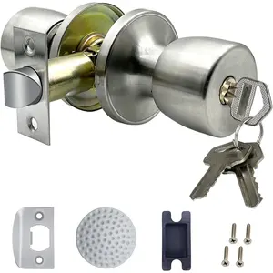 Satin Nickel Round Ball Door Knob with Lock and Key, 1 Pack, Interior/Exterior Door Lock Suitable for Bedroom and Bathroom