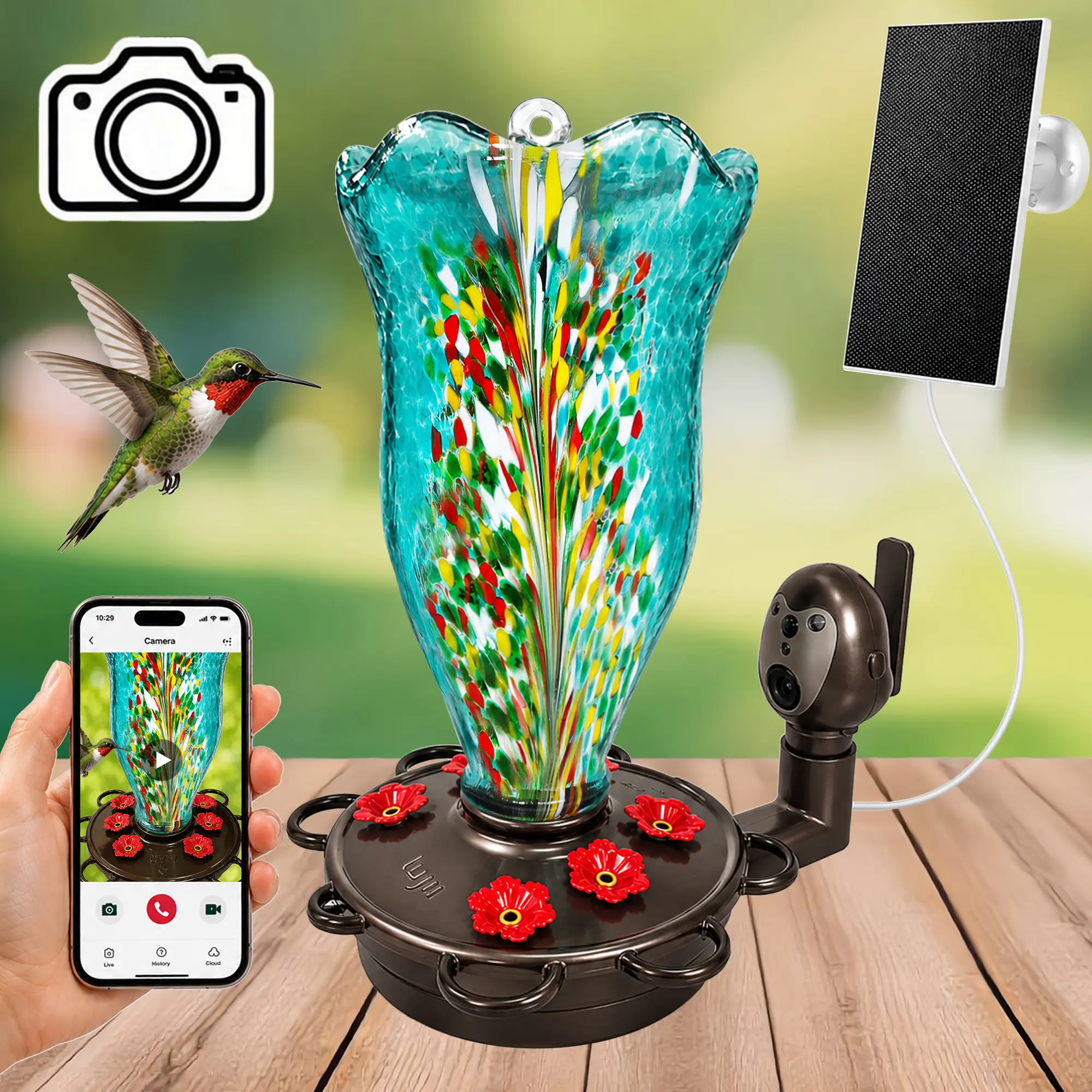 LUJII Solar Bloom Hummingbird Feeder with Camera, Hand Blown Glass Bird Feeder with Smart Camera Viewing, Motion Alerts, Auto Recording, Leak Proof, Fade Resistant & Rustproof Outdoor Feeder gardening gift