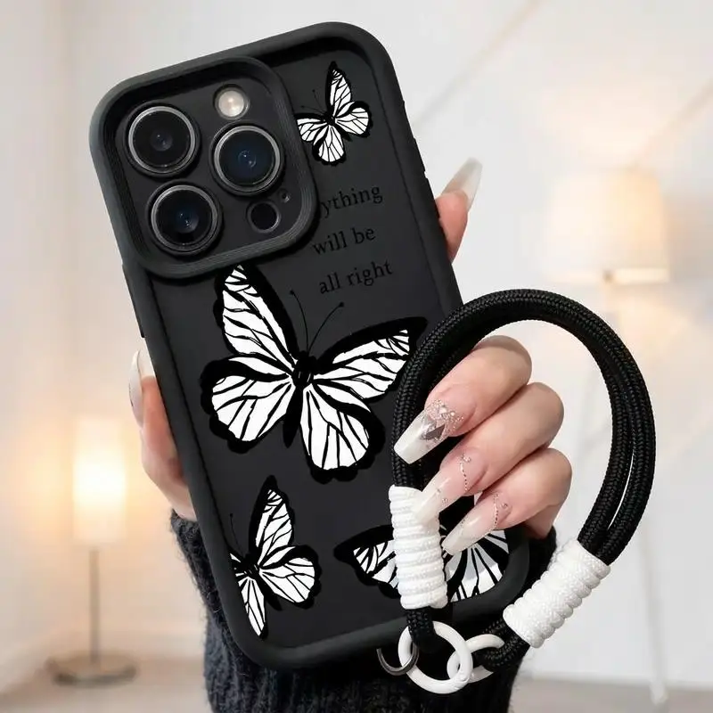 Cute Butterfly Quote Pattern Case,phone Case Suitable for Iphone 11/12/13/14/15/16/17 Pro Promax Plus Air and Samsung S22/S23/S24/S25 Plus Ultra Fe,Shockproof Anti Drop Protective TPU Cover with Wrist Strap