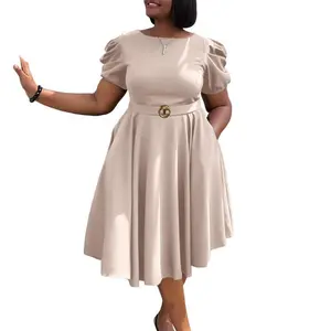 Large size women's clothing round neck temperament elegant waist pendulum bubble sleeve A-word dress