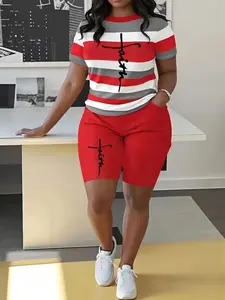 Plus Size Casual Daily Two-piece stripe Set, Faith Letter Print Short Sleeve Tops & Solid Shorts Outfits, Women's Clothing Breathable Fabric Elegant Suits Fashion Womenswear  Loose fit Shortsleeve