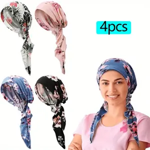 4pcs Women Head Scarf Pre-Tied Head Scarves Beanies Covers Cap Stretch Print Sleep Turban Hat Ruffle Beanie Scarf