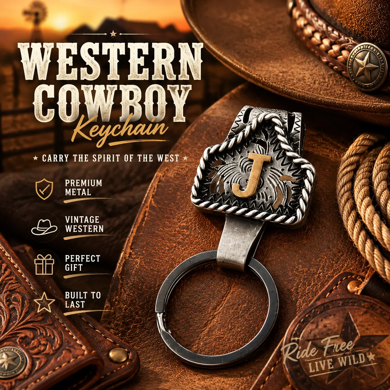 Vintage Western Cowboy Metal Keychains - Classic Ranch Rustic Key Ring, Keychain Accessories, Car Key Chains, Men's Festive Home & Party Accessory Lucky Charm Freshman Present