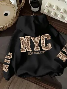 Women's Leopard Print Hoodie, Casual Hooded Sweatshirt, Casual Loose-Fit Fall & Winter Sweatshirt, Fashion Outdoor Daily Wear, Soft Thick Fabric Pocket Top