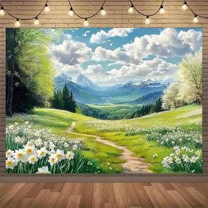 Polyester Photography Backdrop - Spring Green Meadow & Sky, Large Countryside Farm Scene Banner, Ideal for Birthday Parties, Studio Props, Indoor-Outdoor Home Decor