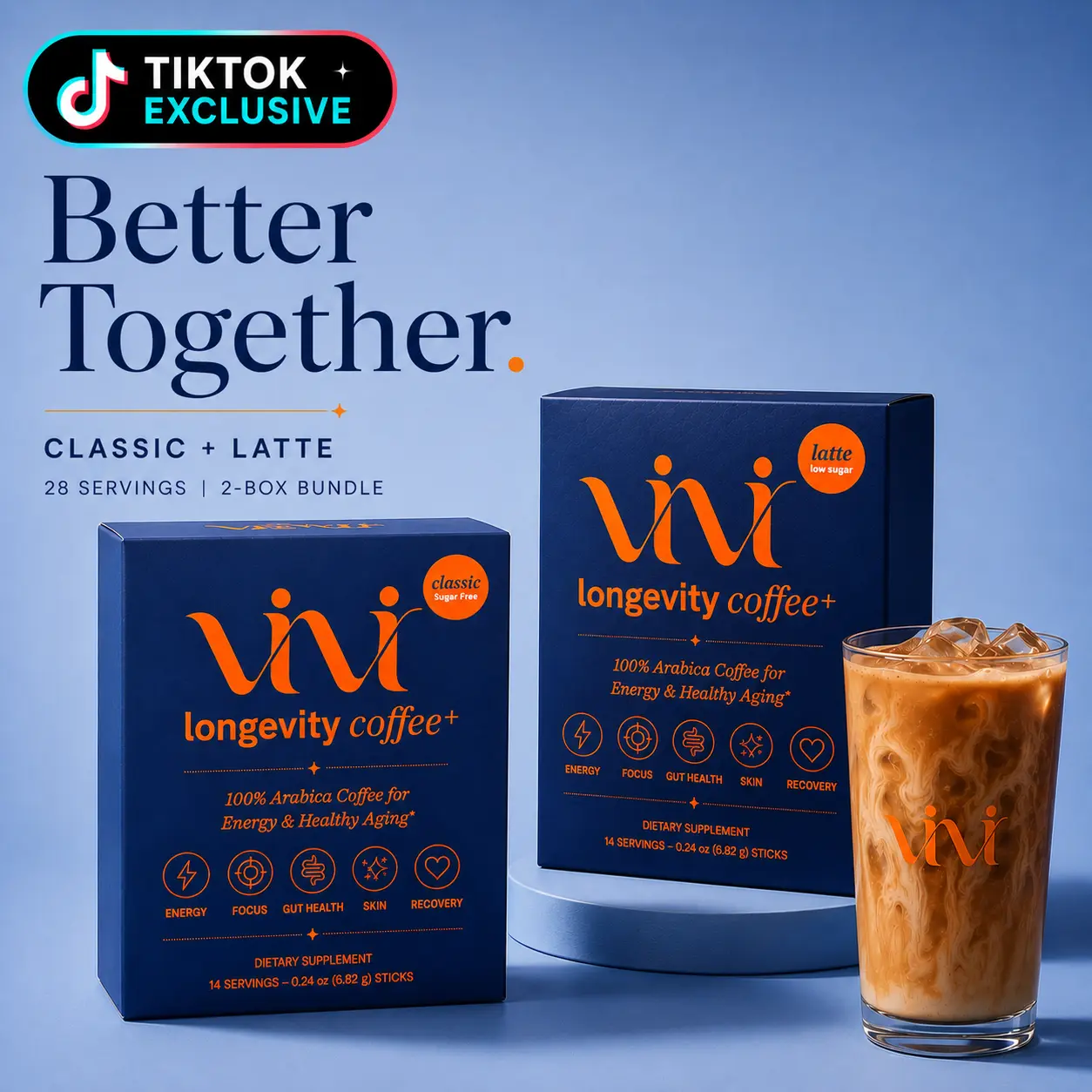 TikTok Exclusive Bundle: Vivi Collagen & Longevity Coffee+ | Functional Collagen Infused Coffee to Boost Performance | Supports: NAD+ & Cellular Health, Jitter Free Energy, Focus, Gut Health & Longevity All In One | 28 Servings