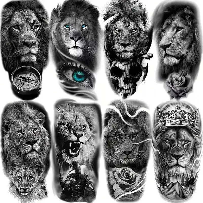 8 Sheets Large Realistic Lion Temporary Tattoos For Men Women Adults, Eye Spartan Warrior Waterproof Fake Tattoos Stickers, Black Compass Flower Skull Tattoo Tribal scene accessories