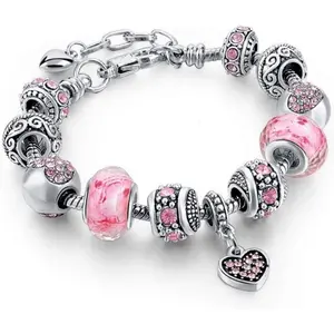 Pink Hearts Silver Plated Charm Bracelet Set, Jewelry Gifts with Beads, Charms, and Adjustable Snake Chain, Fits 7.5"+1.5"