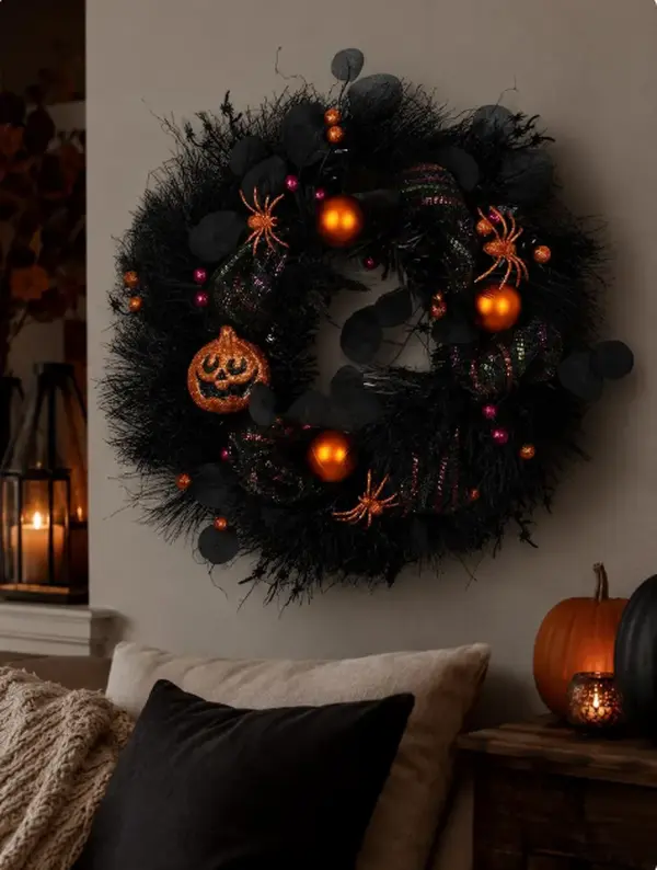 50cm Black Halloween Wreath with Pumpkin Lantern, Glitter Spiders - Gothic Horror Door Hanger, Dark Elegance Home Garden Decor, Outdoor Lawn Ornament, Backdrop Accent Sculpture, Spooky, Lightweight