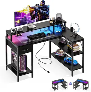 L Shaped Gaming Desk with LED Lights and Power Outlets, Reversible Corner Gamer Desk with Monitor Stand and Storage, 47 or 53 Inch