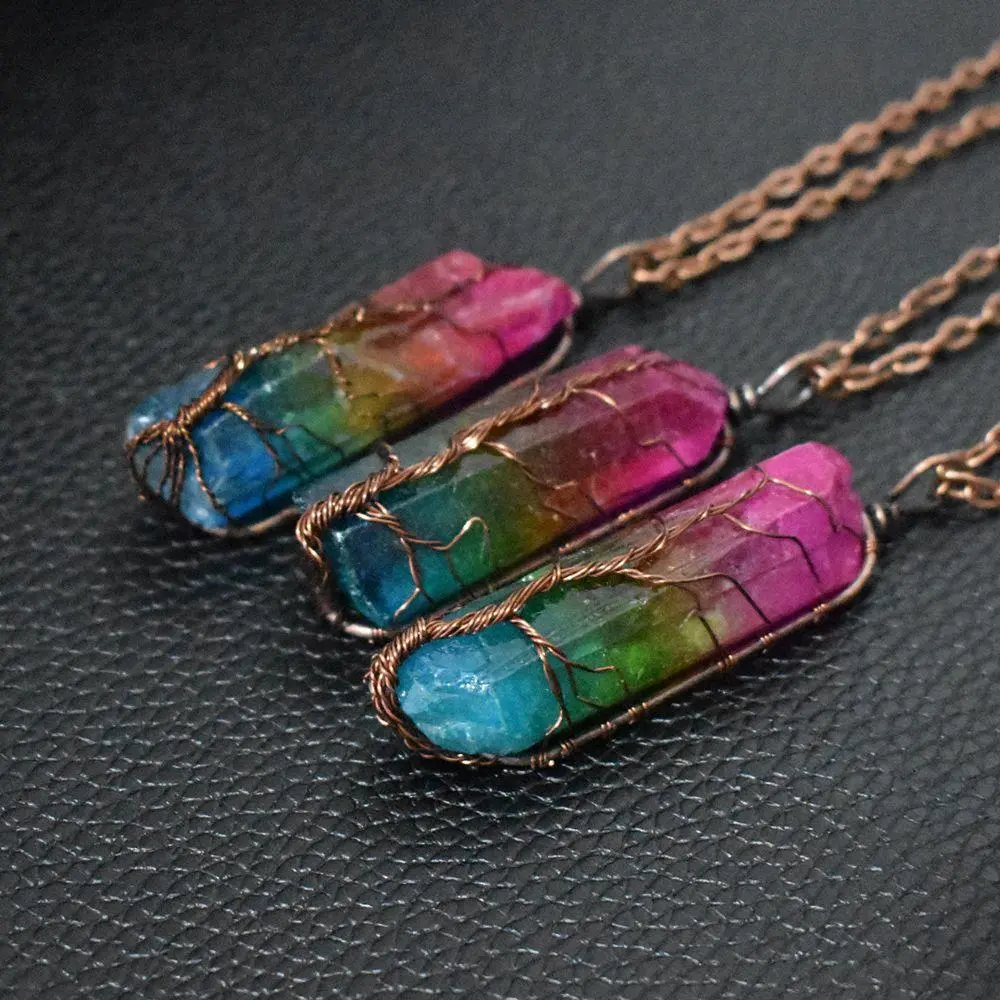 Women's Tree of Life Crystal Necklace - Natural Gemstone Crystal Column Pendant, Rainbow Hues Rainbow Quartz Point, O-Chain Link Wire-Wrapped Adjustable Size Simple Look Spiritual Gift, Stone Pendant, 10Cm Or Less, 51Cm-80Cm Circumference, Comfortable Wea