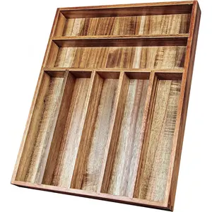 Acacia Wood Silverware Organizer, Kitchen Utensil Drawer Organizer for Forks & Spoons, 7-Compartment Cutlery Tray, Flatware Holder
