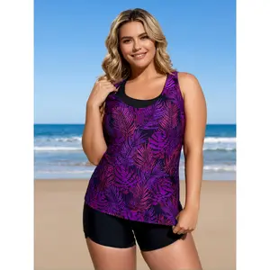 Sporty Chic  with Shorts - Tummy Control Two Piece Bathing Suit for Women - Purple Palm Leaf Print Layered Scoop Neck Design - Modest Full Coverage Swimwear with Built-in Pads for Beach Poolside 2026