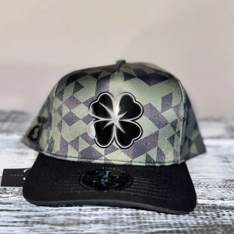 Clover-Green Camo-Snapback Hat with Black Four-Leaf Clover Design and Black Brim