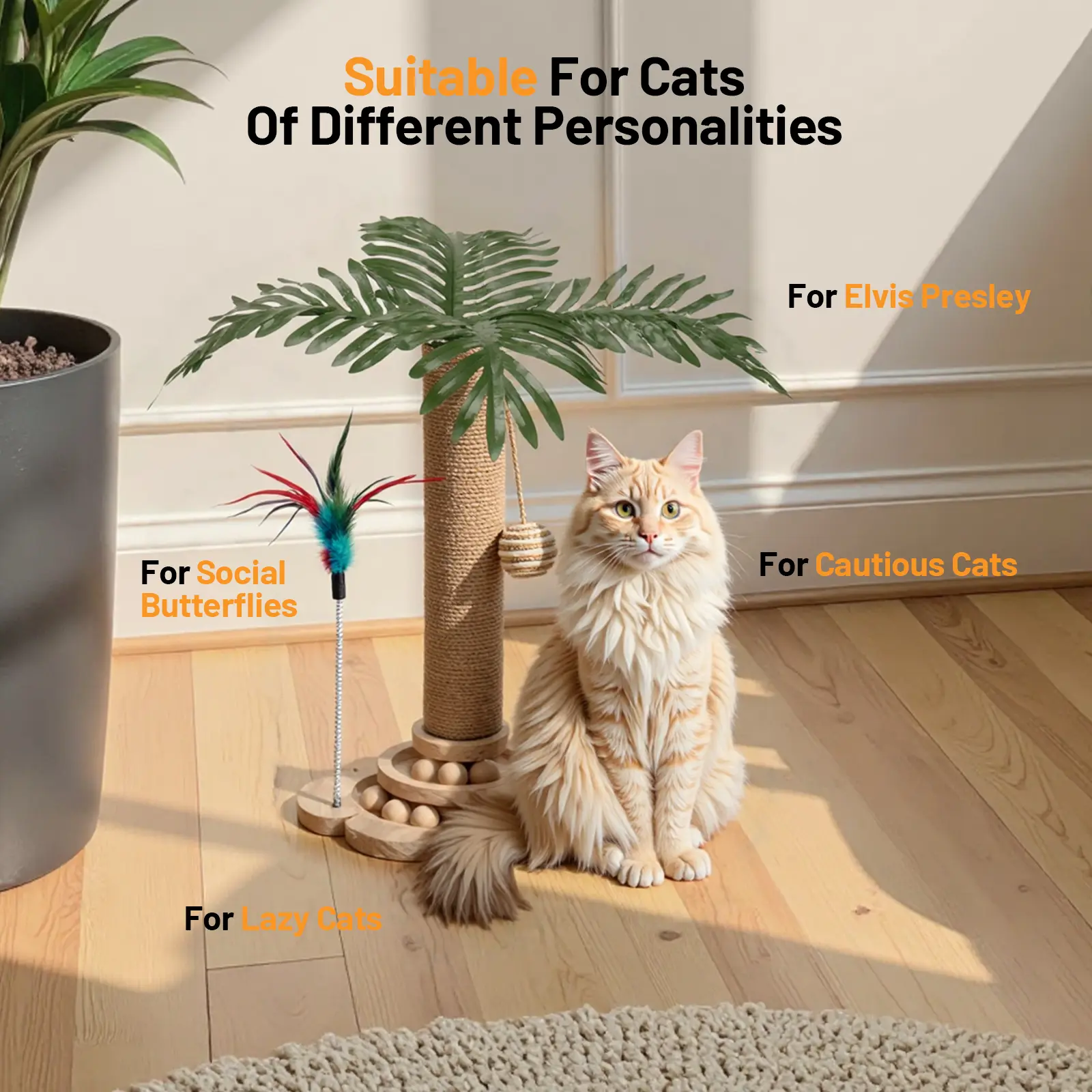 Indoor Sisal Cat Scratching Post - Art Deco Classic Contemporary Multi-Level Play Cat Tree with Large Leaves, Hanging Toys, Wooden Track for Kittens, Sisal Scratching Posts, Detachable
