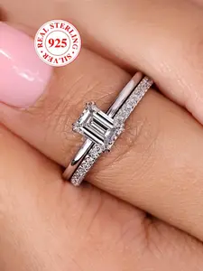 S925 Silver Color Rectangle Layered Ring Set for Women, Stackable Design with Chamfered Edges, Perfect Gift Box Included, Engagement Rings, Wedding Rings