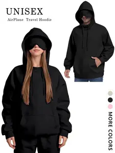 Unisex Y2K Style Fall Winter Plain Eye Mask Fitted Hoodie, Travel Sweatshirt, Vacation Work Home Wear, Casual Fashion, Comfortable Plane Mode, Casual Street Fashion