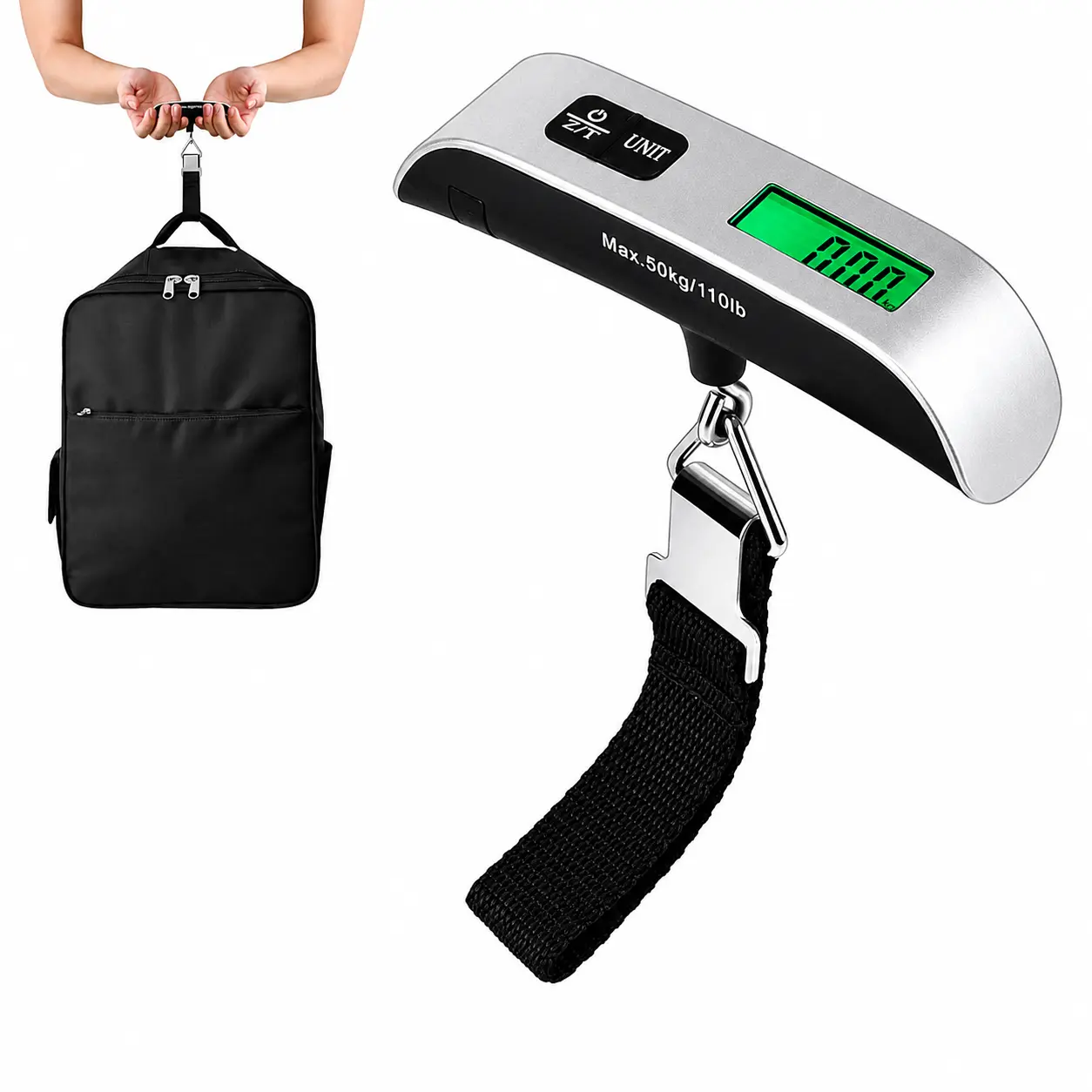 110lbs Portable Digital Luggage Scale, for Travel Suitcase Weighing & Small Pet Weight Measuring, Hanging Baggage Scale with Backlit LCD, Heavy-Duty Hook & Strap Travel Essential Tool