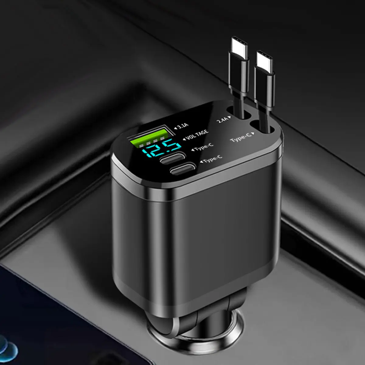 5 in 1 Car Charger, Retractable Car Charger, USB 3.1A Dual Type C Ports USB C Charging Support Voltage Detection