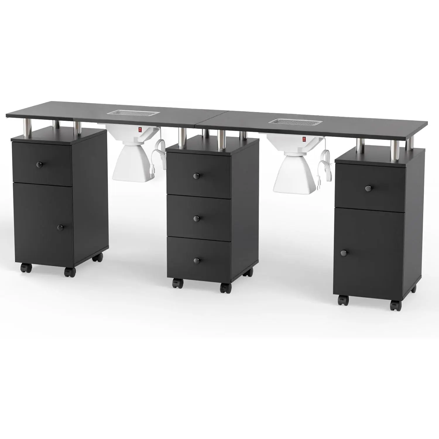 OmySalon Sturdy 73 in Double Commercial Salon Nail Table for 2 Users - Adjustable MDF Surface Furniture with Makeup Vanity, Dust Collector, Lockable Wheels, Arm Rest, Drawers, Cabinet Storage, Acetone Resistance, Waterproof, Wheels Lock, Two Users