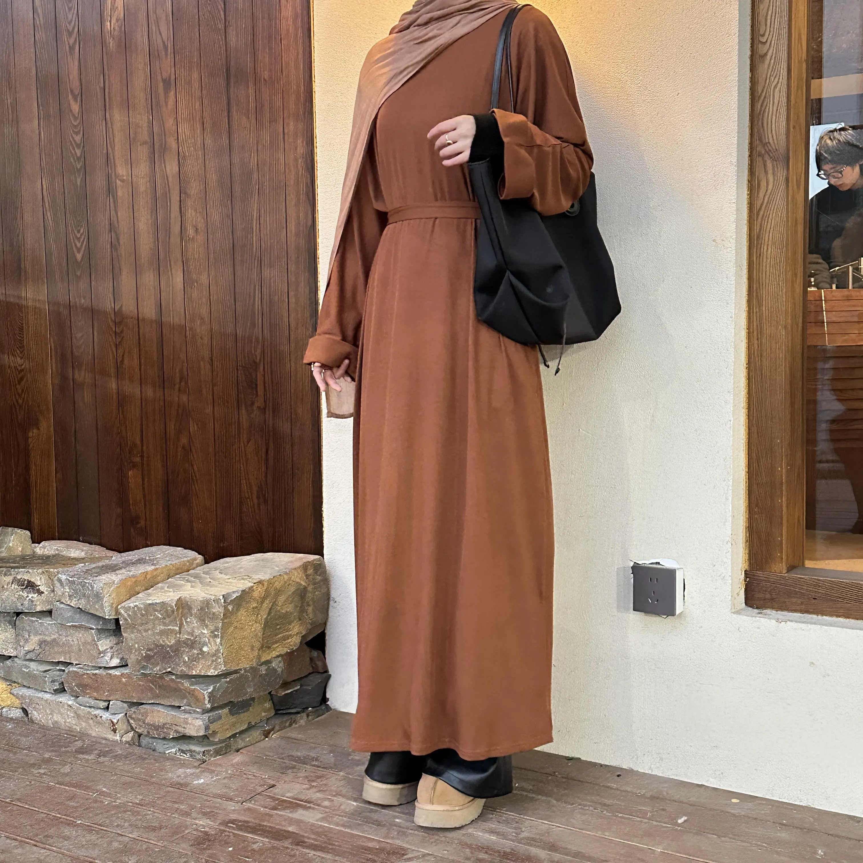 Women's Muslim Abaya Set, Casual Crinkled Jersey Ultra-Soft Elastic Essential Dress with Pockets for Carry, Cozy Rib Knit & Matching Belt (NCA002) Islamic Clothing