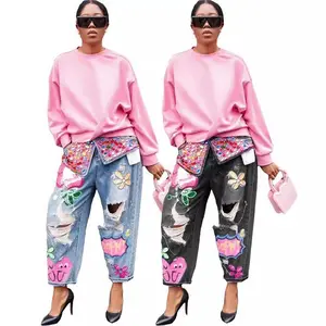 European and American Fashion Rhinestone Positioning Printed Ripped Jeans