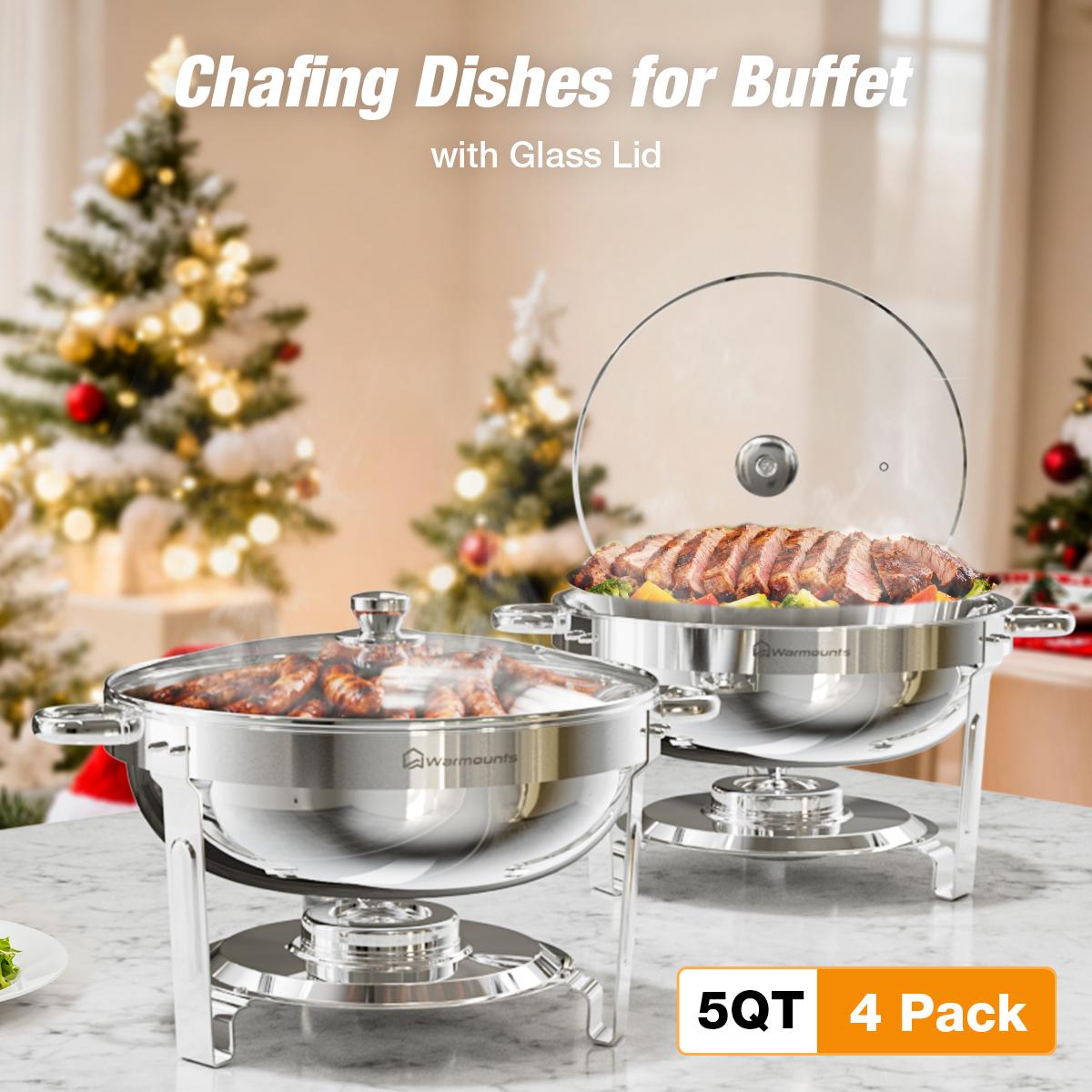 WARMOUNTS Round 5QT Chafing Dishes with Glass Lid (2/4 Pack) – Stainless Steel Buffet Warmers, Mirror-Polished Silver Finish, Lid Holder, Rolled Rim, for Easter Brunch, Weddings & Catering