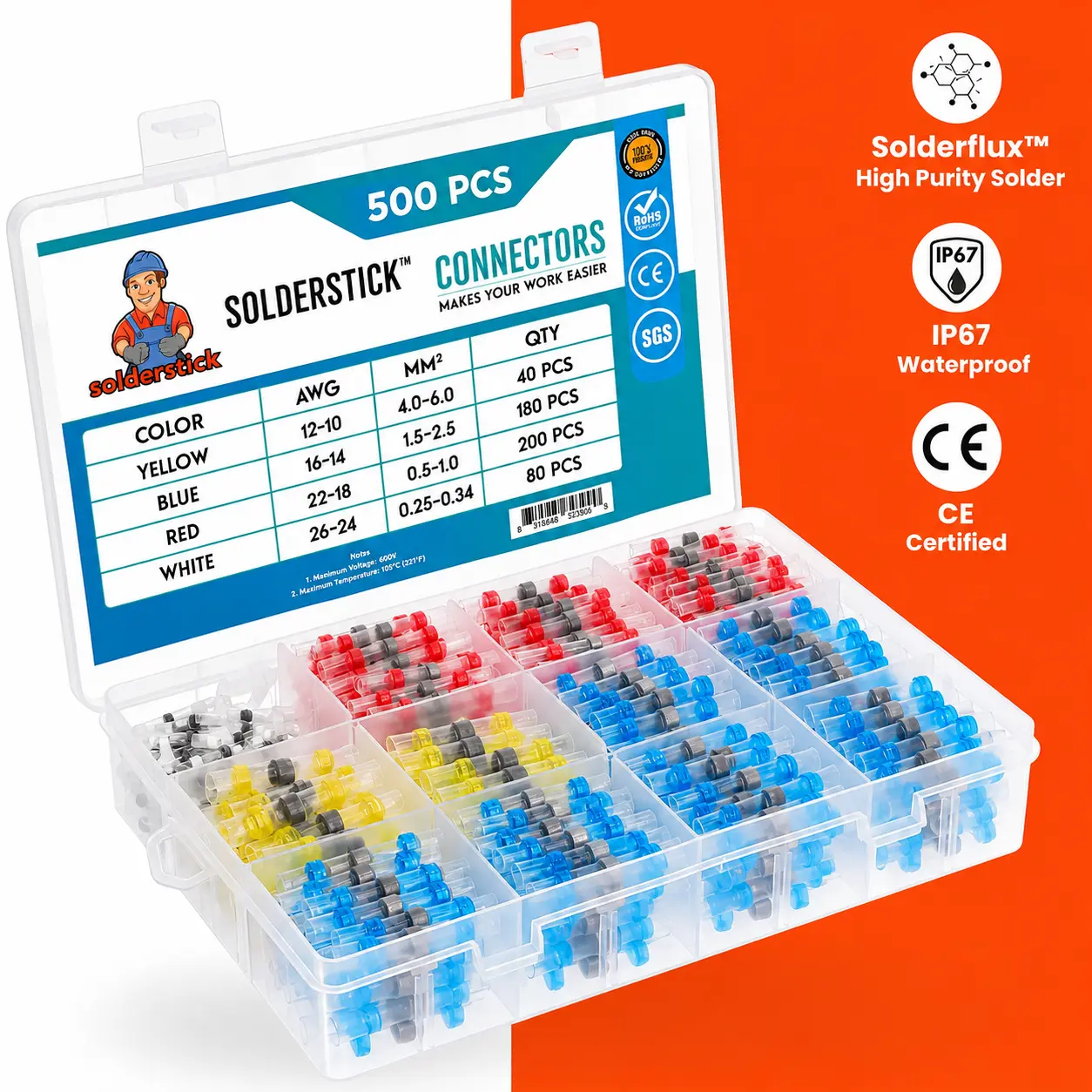 Waterproof Solder Seal Wire Connectors Kit – Heat Shrink Wire Splice & Butt Connectors with Self-Solder Function for Automotive, Marine, Boat, RV, Trailer, Car Audio, Home & DIY Electrical Wiring Repairs | 12-10, 16-14, 22-18, 26-24 AWG