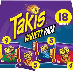 Takis 18 pc / 1 oz Variety Pack, Assorted Flavored Mixed Rolled Tortilla Chips – (5) Fuego, (5) Blue Heat, (4) Nitro, (4) Crunchy Fajitas