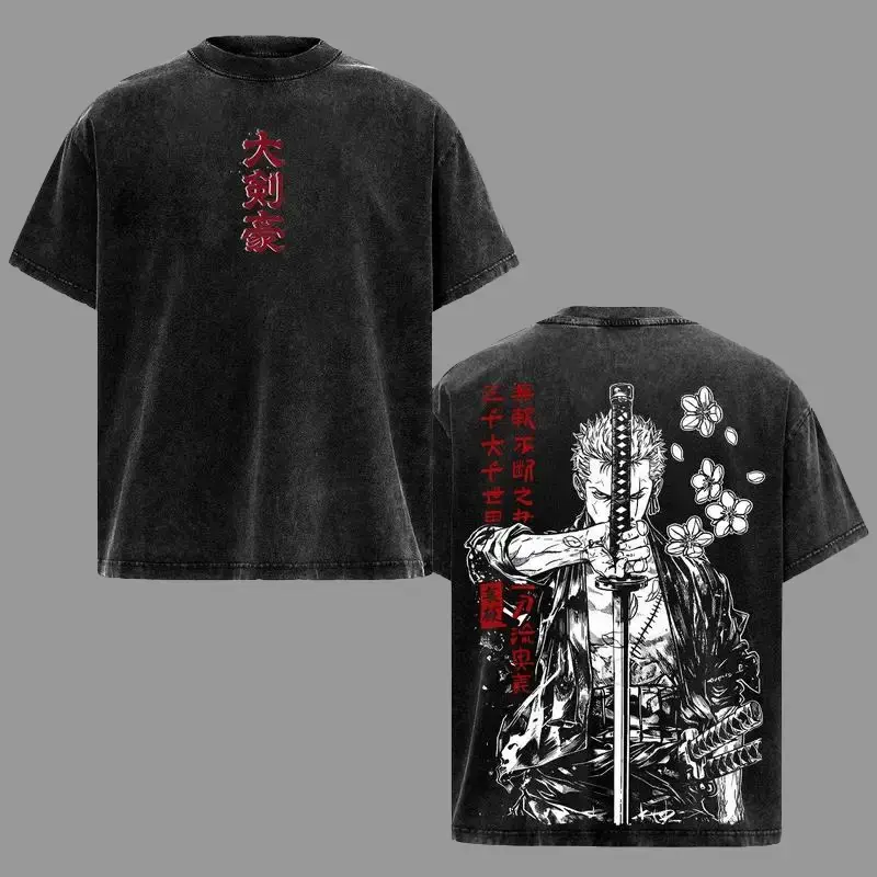 Men's Roronoa Zoro Vintage Washed Graphic Tee - 1 Piece Anime Manga Top, Unisex Oversized Streetwear, Demon Aura Swordsman Aesthetic Shirt, Straw Hats Fan Gift