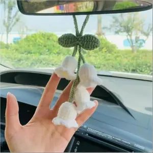 Handcrafted Crochet Bell Flowers Car Rearview Mirror Potted Plant Ornament, Knitted Plant Succulent Hanger, Boho Car Hanging Ornament, Car Interior Ornaments, Car Interior Pendant Greenery Accessories, Home & Bag Decor, Gift, Car Trinkets