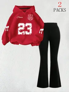 Women's Warm Sweatshirt Set + Slim Fit Flare Pants, Casual Graphic Butterfly Print Hoodie with Kangaroo Pocket, Fall & Winter