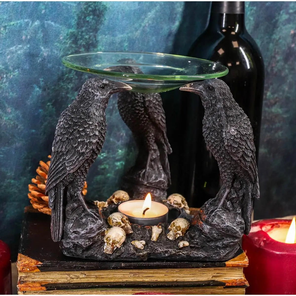 Ebros Skull Graveyard With Three Ravens Oil Warmer Statue Wax Tart Burner Aroma Scent