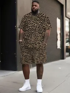 Men's Plus Size Classic Summer Leopard Print Short Sleeve Set, Loose Shorts Set, Matching Sets, Quick-Dry Sporty Outdoor Round Neck T-Shirt and Shorts, Comfortable Casual Workout Menswear Clothes