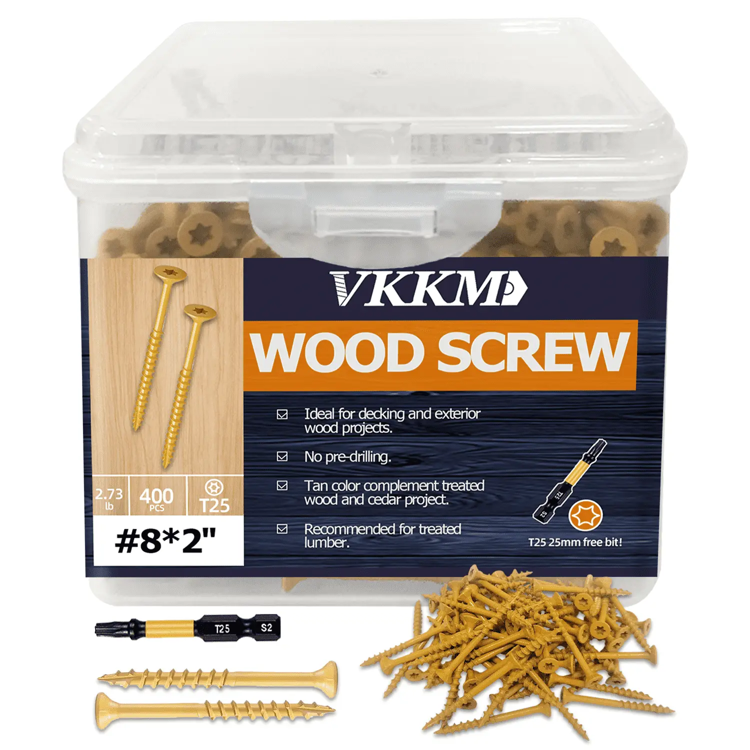 VKKM 400Pcs #8 x 2 Inch Deck Screws, T25 Star Drive Self-Tapping Exterior Wood Screws, Rust Resistant Carbon Steel Flat Head with Free T25 Bit for Outdoor Decking Fencing Treated Lumber