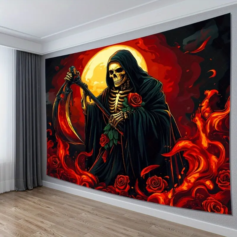 Polyester Halloween Skull Tapestry Home Decor - Dark-Themed Backdrop with Gleaming Red-Yellow Light Scythe, Intertwined Roses & Flames for Mysterious Haunting Atmosphere, Ideal Halloween Decoration, Living Room Wall Decor, Goth Home Decor