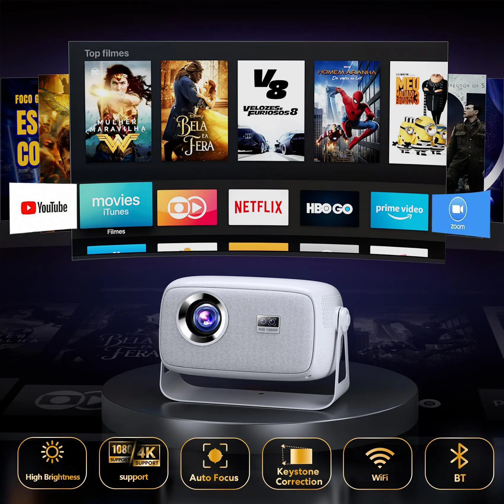 HLT X4 LED Pico Projector - High-Brightness Autofocus, Sharp Vivid Video Playback, Dual-Band WiFi, Bluetooth, Built-in Audio Speaker, LCD, Remote Control, Mini Portable for Home Movie Night & Outdoor Cinema, Projector Movie Night