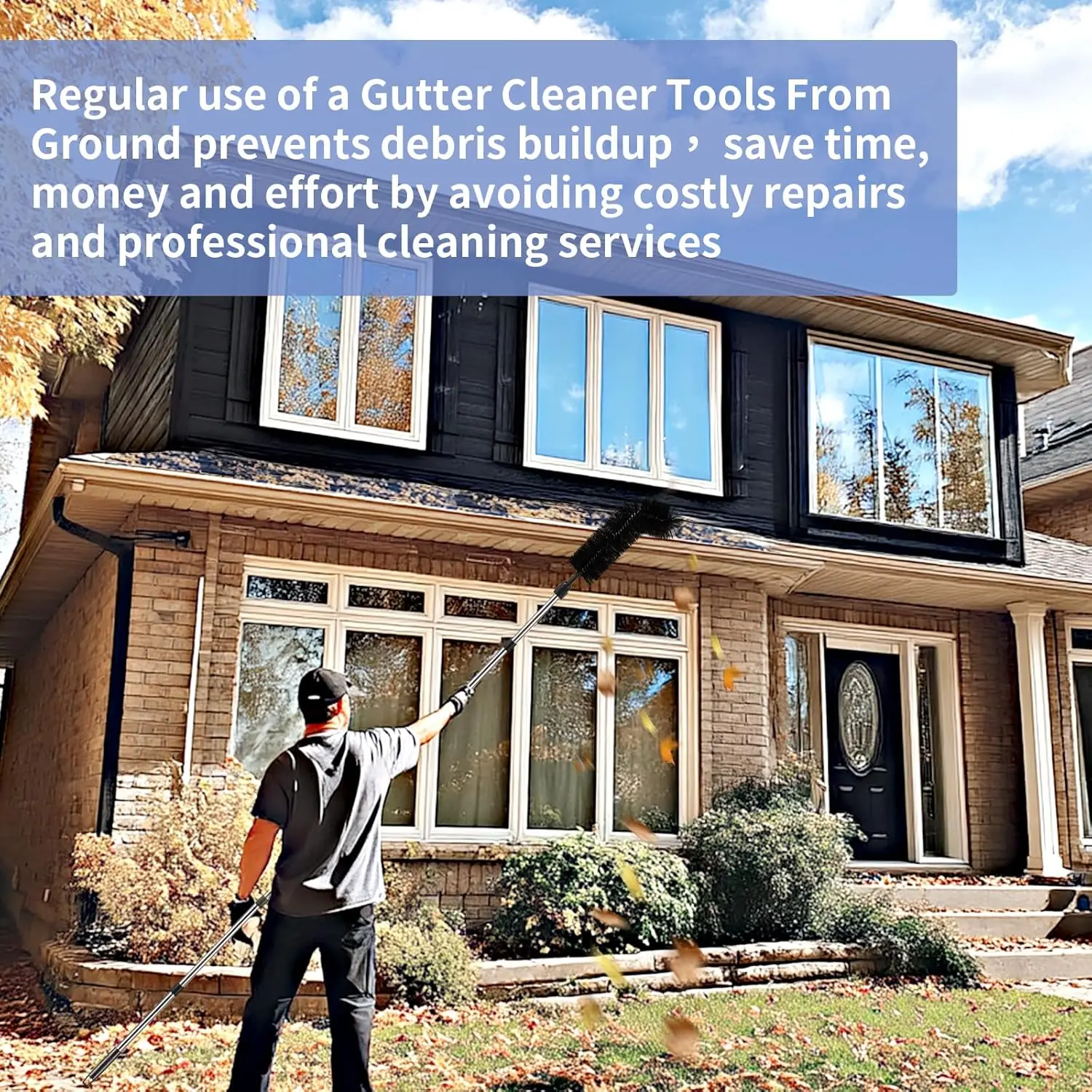 10.5FT Gutter Cleaning Tool From Ground – Adjustable Pole, No Ladder Needed, Stainless Steel With Brush Heads