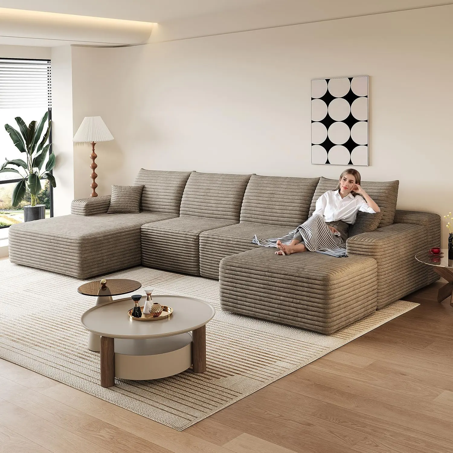 135" Boneless Corduroy Cloud U-Shaped Modular Sectional Sofa, Deep-Seat Couch with Chaise & Ottoman, No-Assembly Modern Indoor Living Room Boneless Couches (Camel)