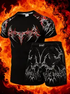 Men's Dark Thorn Print Gym Set, Workout Sportswear, Streetwear Style, High Elasticity, Moisture-Wicking, Breathable, Slim Fit, Ideal for Weightlifting & Daily Training