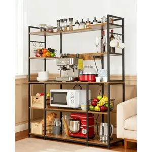 Bakers Rack with Power Outlet – 4-Tier Kitchen Storage Shelf for Microwave Oven – Coffee Bar Table with 6 S Hooks, Rustic Brown Hutch Cabinet Organizer – Multifunctional Kitchen Organizer