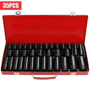 35PCS 1/2" Drive Deep Impact Socket Set - 6 Point Sockets with Spindle, 8-32MM for Garage, Workshop, Car, Auto, Truck, Repair & Hand Tools
