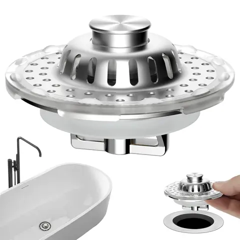 Hibbent Universal Anti-Clogging Bathroom Sink Drain Strainer Hair Catcher - 3-in-1 Pop-Up Brass & Stainless Steel Drain Protector, Chrome Finish with Transparent Edge, Fits 1.1''~2.36'' Standard Basin Holes