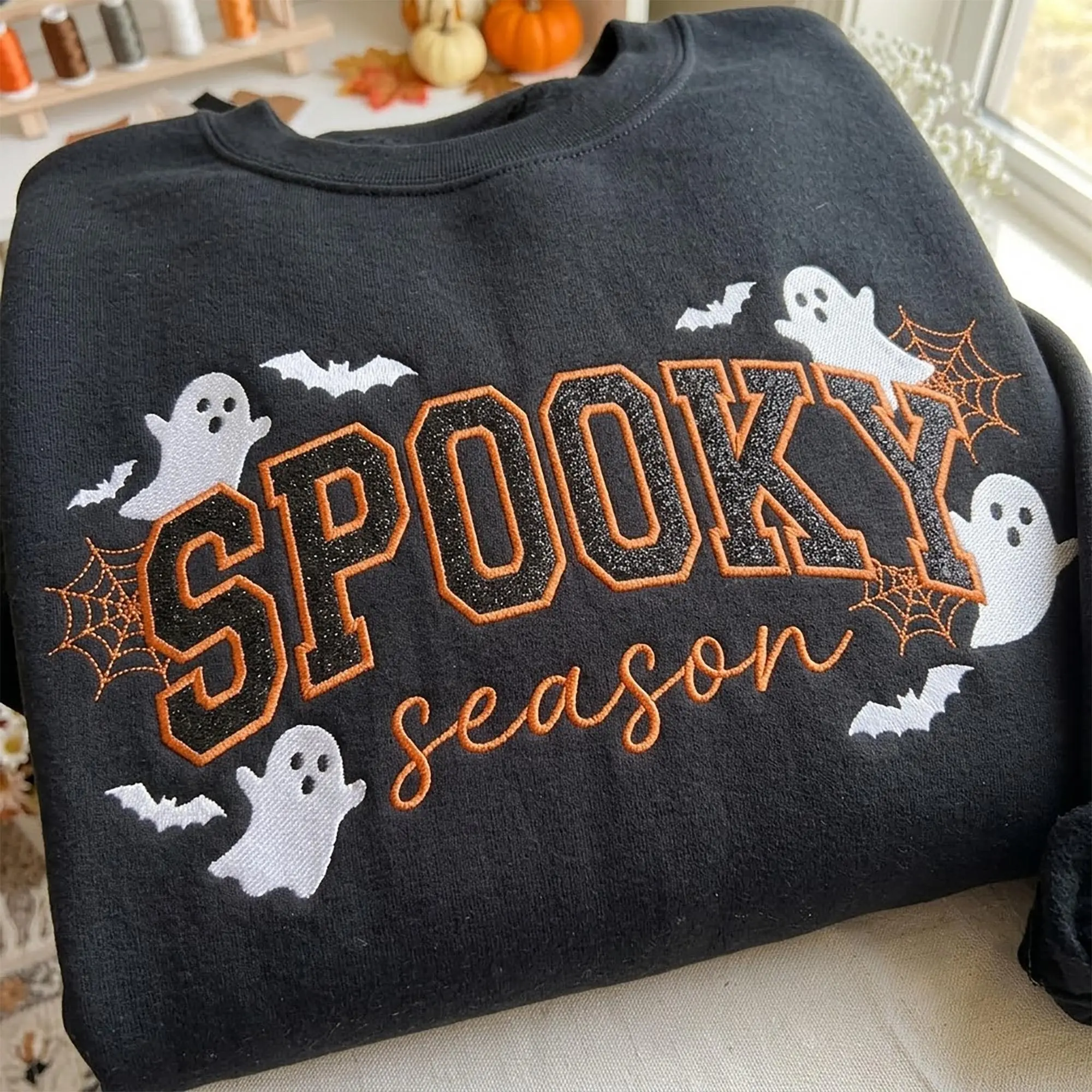 Spooky Season Glitter Applique Embroidered Sweatshirt, Bats & Ghosts Halloween Crewneck, Halloween Tee, Halloween Gift, Cozy Season Gift